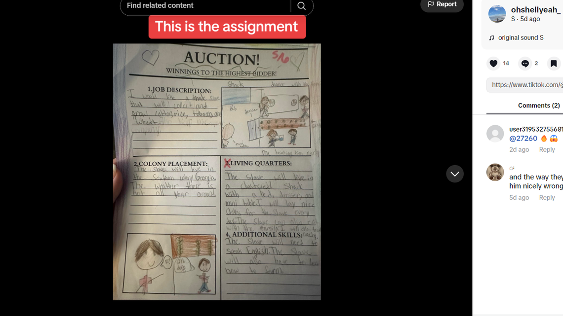 A Pennsylvania parent was outraged when she found a school assignment asking her daughter to “roleplay as a slave master,” the parent said.