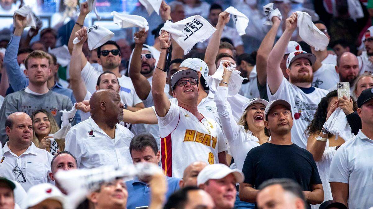 Miami Heat fans react from the stands during the first quarter of Game 1 of the NBA Eastern Conference Finals series against the Boston Celtics at FTX Arena in Miami, Florida, on Tuesday, May 17, 2022.