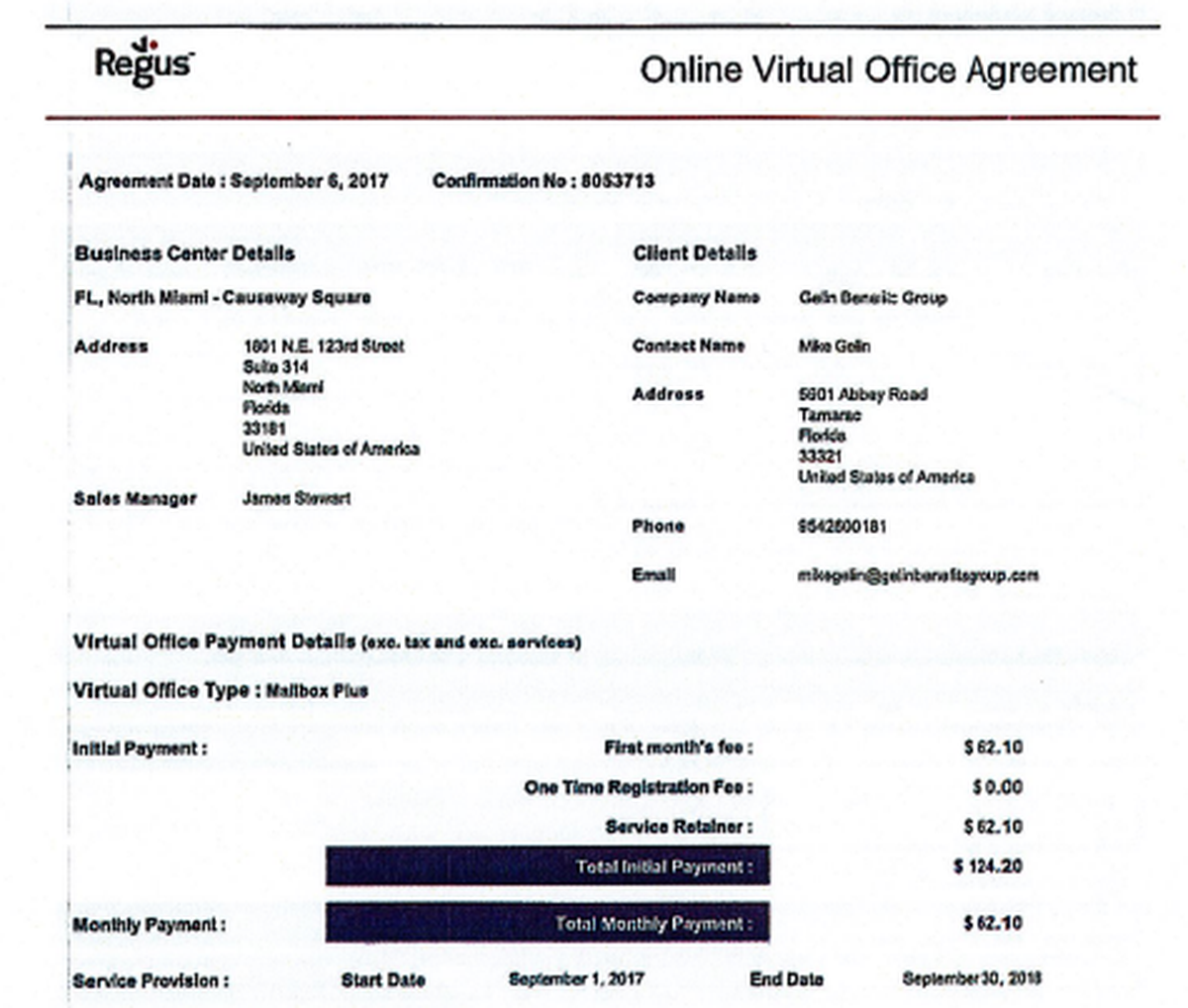 A lease agreement for Gelin Benefits Group’s address in North Miami.