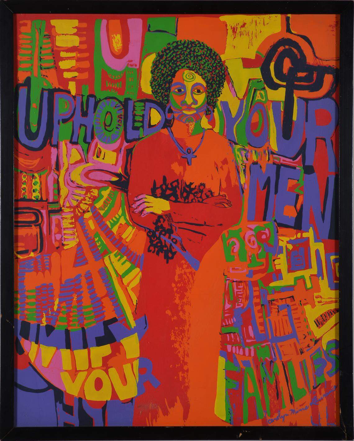 “Uphold Your Men, Unify Your Family,” 1971 silkscreen by Carolyn Mims Lawrence. From the show, “AfriCobra: Messages to the People,” at MOCA-North Miami through March 24, 2019.
