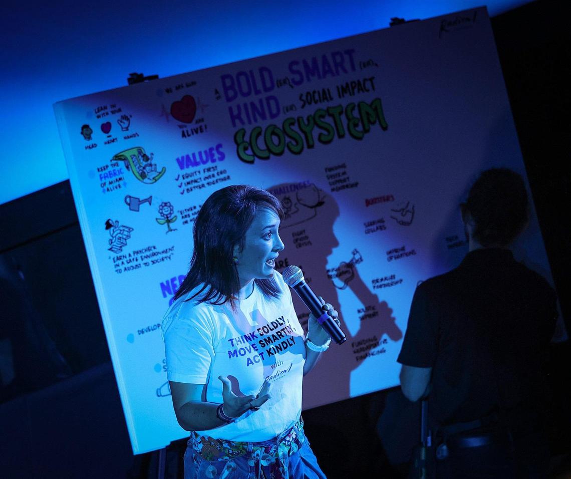 Joan Marie Godoy, CEO of Radical Partners, presents the six conditions of system change to grassroots organization leaders as it hosted the event “Neighborhood Heroes Connect,” a conference that brought together local grassroots leaders with funders at the Phillip & Patricia Frost Museum of Science, located inside the planetarium, on June 5, 2025, in Miami, Florida.