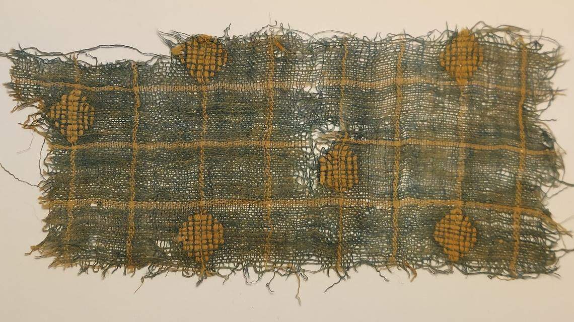 A blue fabric with a gold pattern found at Aravah.