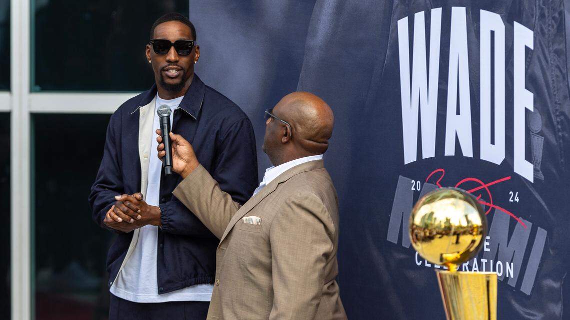 Miami Heat center Bam Adebayo speaks to the crowd during the unveiling ceremony of Heat icon Dwyane Wade’s statue in front of Kaseya Center on October 27, 2024, in Miami.