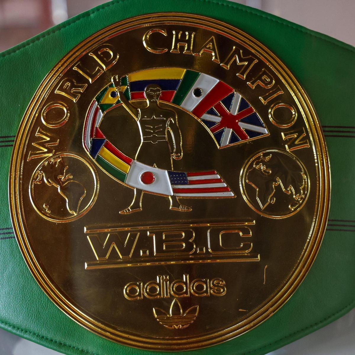 Muhammad Ali’s W.B.C. belt at the exhibit reflecting on the 60th Anniversary of the Ali and Sonny Liston fight through photographs, personal items on display at the Fifth Street Gym in Miami Beach.