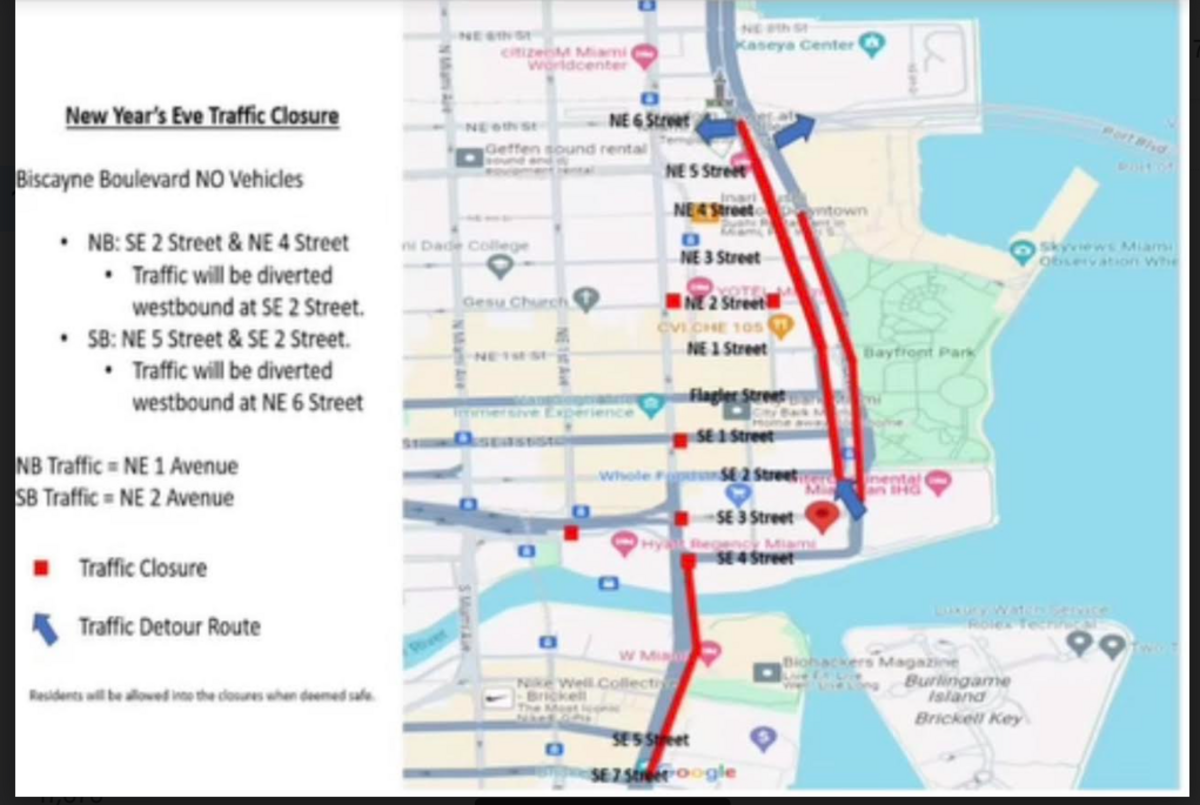 Street closures and traffic conditions in downtown Miami at 11 p.m. Dec. 31, 2023/Miami Police Department