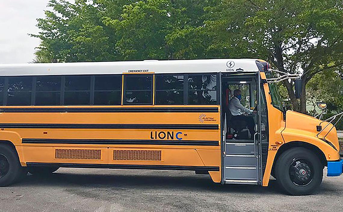 The future for Miami-Dade County Public Schools’ diesel-powered school bus fleet could be an electric one. Here an electric Lion C bus takes a clean, quiet demonstration ride around a Miami neighborhood. The school board has applied for funding for zero-emission buses.