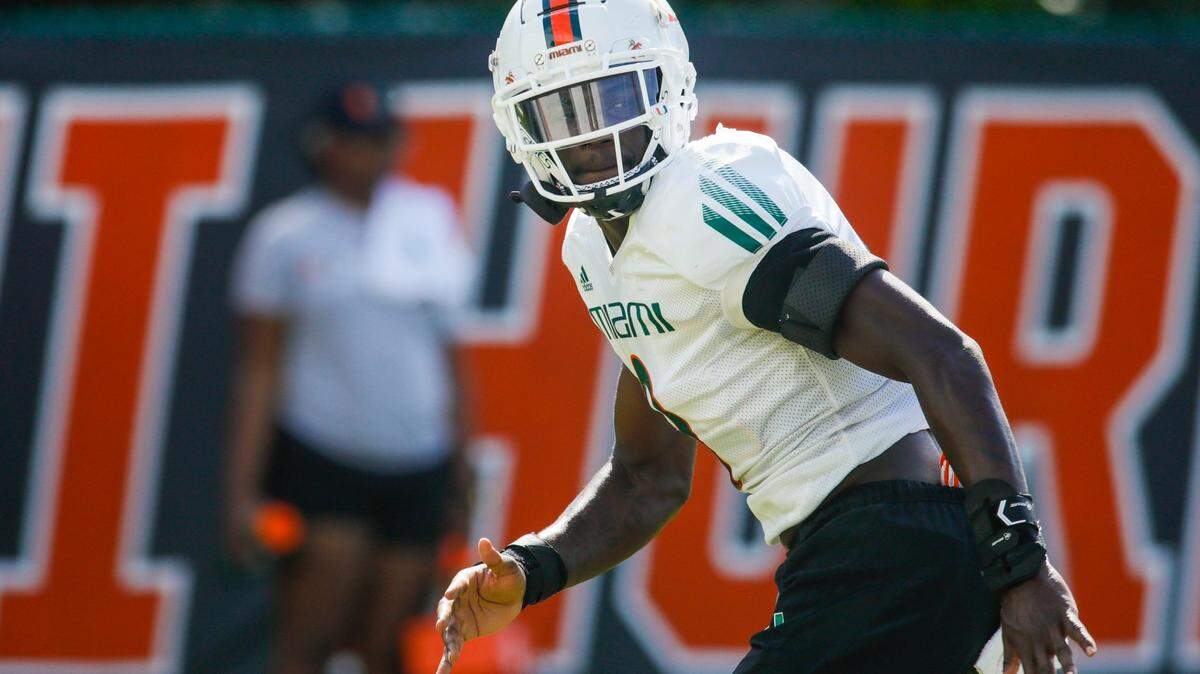 Miami Hurricane safety James Williams (0) completes a drill during spring practice at the University of Miami campus in Coral Gables, Florida, on Friday, March 11, 2022.