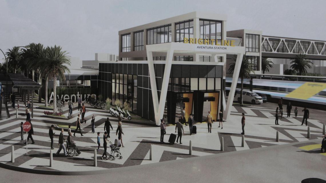 A rendering of Brightline’s planned Aventura station, which is being built under a $79 million deal with Miami-Dade that may expand into a larger commuter line with up to seven stations between Miami and Aventura. County commissioners are set to take up a non-binding resolution setting fees for accessing the Brightline tracks.