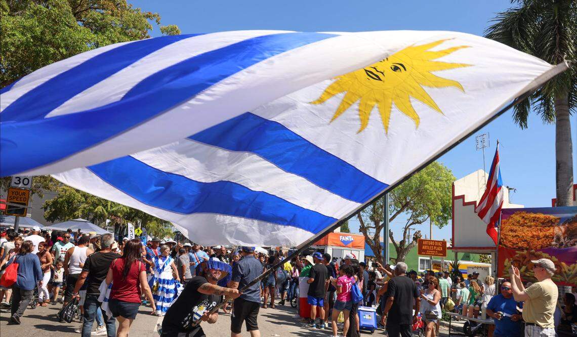 Tocando Candombe Miami, a Uruguayan group, parades west on SW 8th Street during the Calle Ocho Music Festival on Sunday, March 12, 2023.