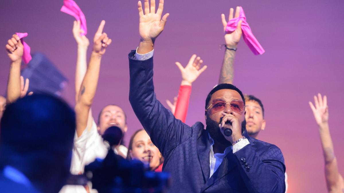 DJ Khaled performs during the Global Champions Arabians Tour Miami Beach Presented by Qatar Airways at 3601 Collins Ave in Miami Beach, Florida on Saturday, April 19, 2025.