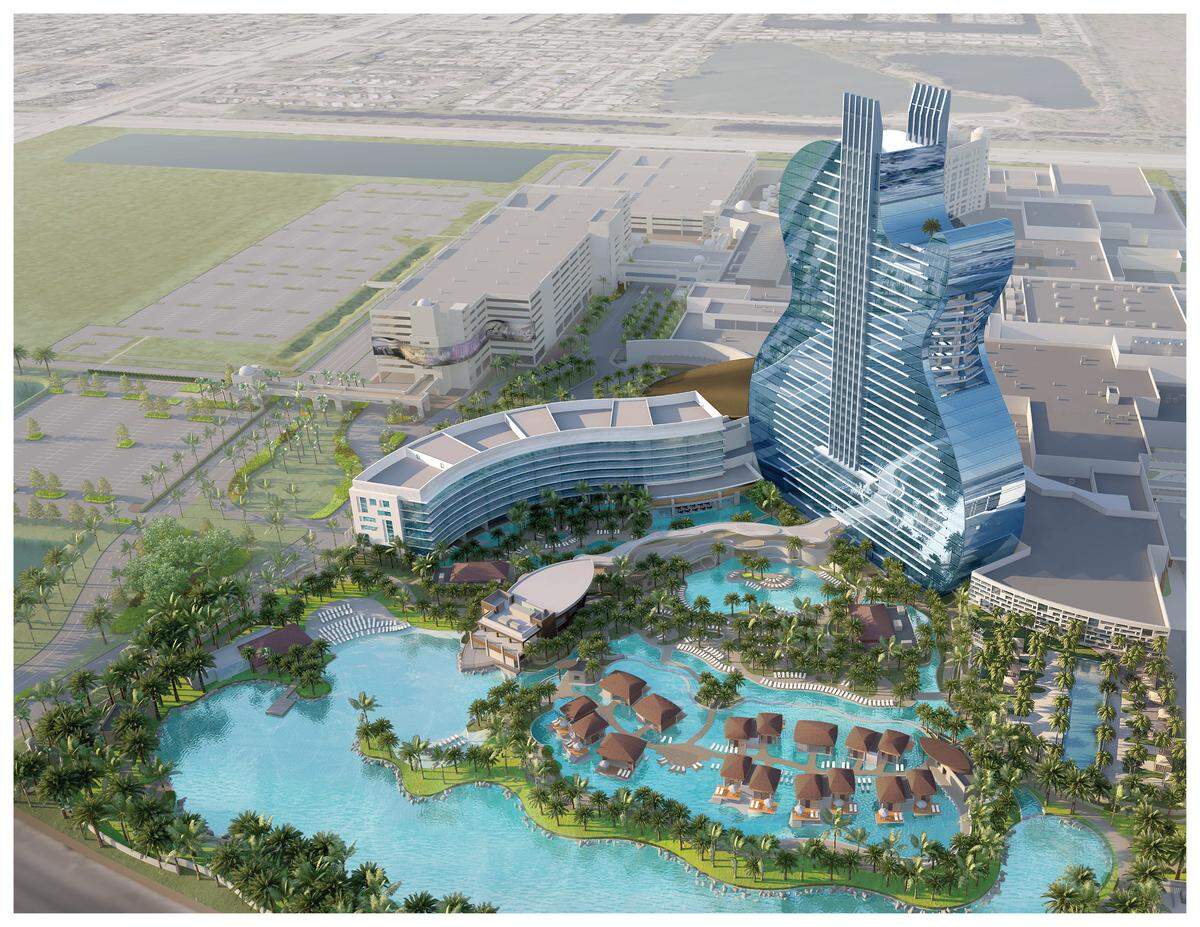 Rendering of Seminole Hard Rock Hotel & Casino Hollywood’s guitar-shaped hotel complex, which will include a 10-acre lagoon-style pool. The tower opens in fall 2019.