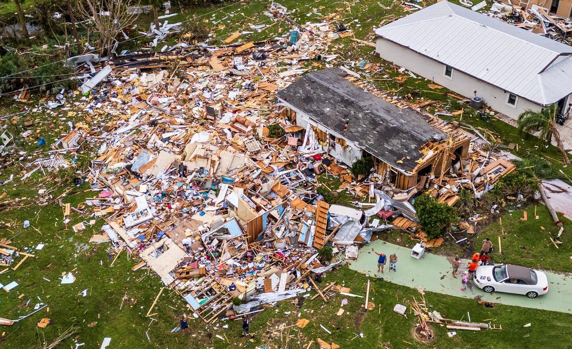 Aerial view of the destruction caused by a pair of tornadoes that tore through homes in the Spanish Lakes Country Club Village neighborhood, which left multiple people dead hours before Hurricane Milton made landfall on Florida’s west coast on Wednesday October 9, 2024.
