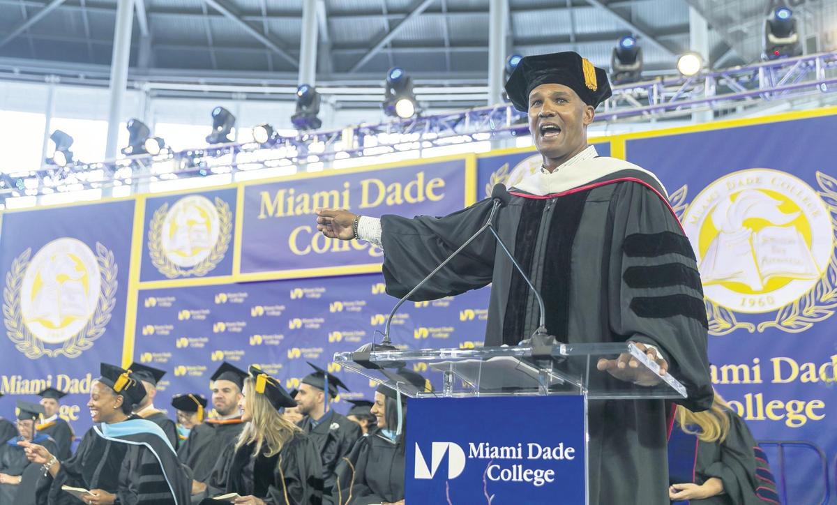 Commencement speaker and former Miami Dolphins player Jason Taylor speaks during a Miami Dade College graduation ceremony inside loanDepot park in Miami, Florida on Saturday, April 23, 2022.