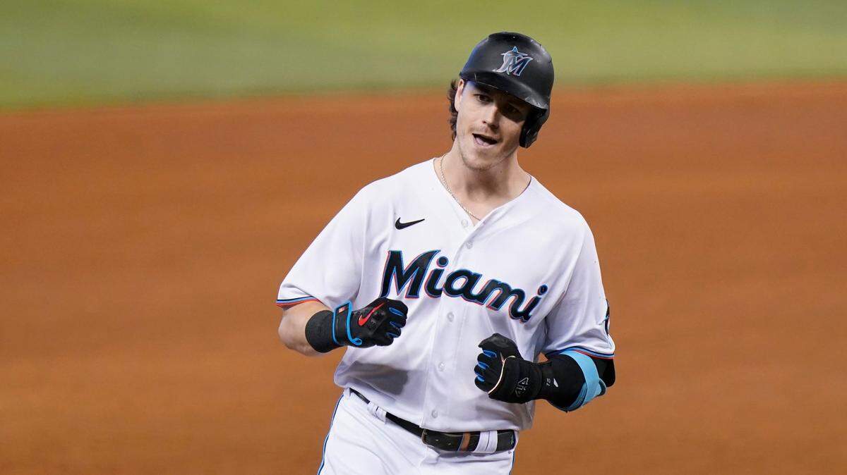 Miami Marlins’ Brian Anderson runs the bases with a solo home run during the fourth inning of a baseball game against the San Diego Padres, Sunday, July 25, 2021, in Miami. (AP Photo/Lynne Sladky)