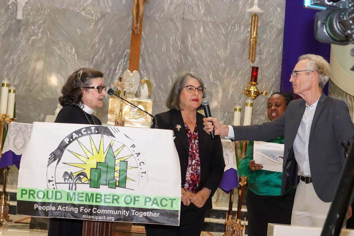 Miami-Dade County mayor Daniella Levine Cava commits to expanding tree cover at the 2023 Nehemia Action organized by People Acting for Community Together (PACT) at St. James Catholic Church in North Miami.