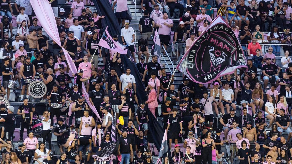Inter Miami fans cheer as their team plays against Austin FC in the first half of their MLS match at DRV PNK Stadium on Saturday, July 1, 2023, in Fort Lauderdale, Fla.