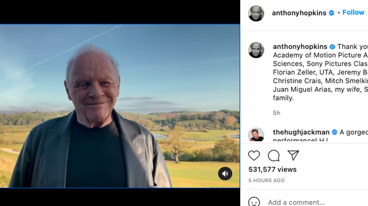 Anthony Hopkins posted a video early Monday to accept his Oscar award for best actor