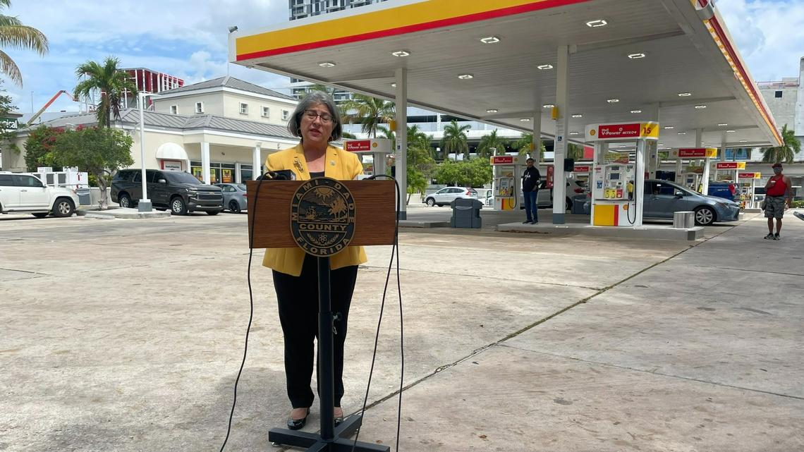Miami-Dade County Mayor Daniella Levine Cava holds a press conference in front of idle gas pumps at a Shell station in Coconut Grove on Wednesday, April 19, 2023.