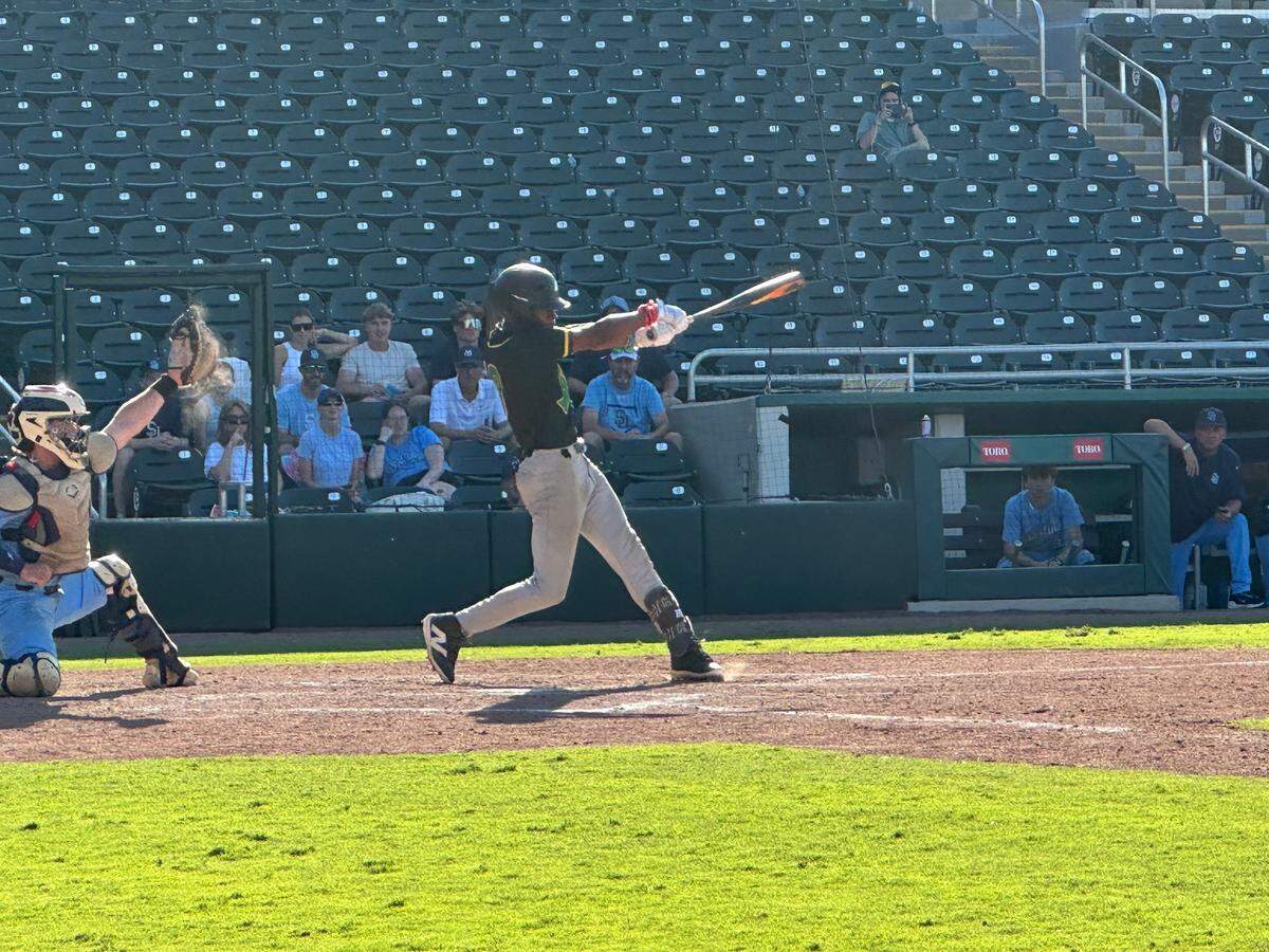 Brito’s Raivon Pinder swings and misses a pitch during Wednesday’s Class 1A state semifinal against Orange Park St. Johns Country Day at Hammond Stadium in Fort Myers, Fla.