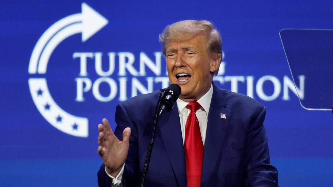 Donald Trump speaks during the Turning Point Action Conference at the Palm Beach County Convention Center in West Palm Beach, Florida, on Saturday, July 15, 2023.