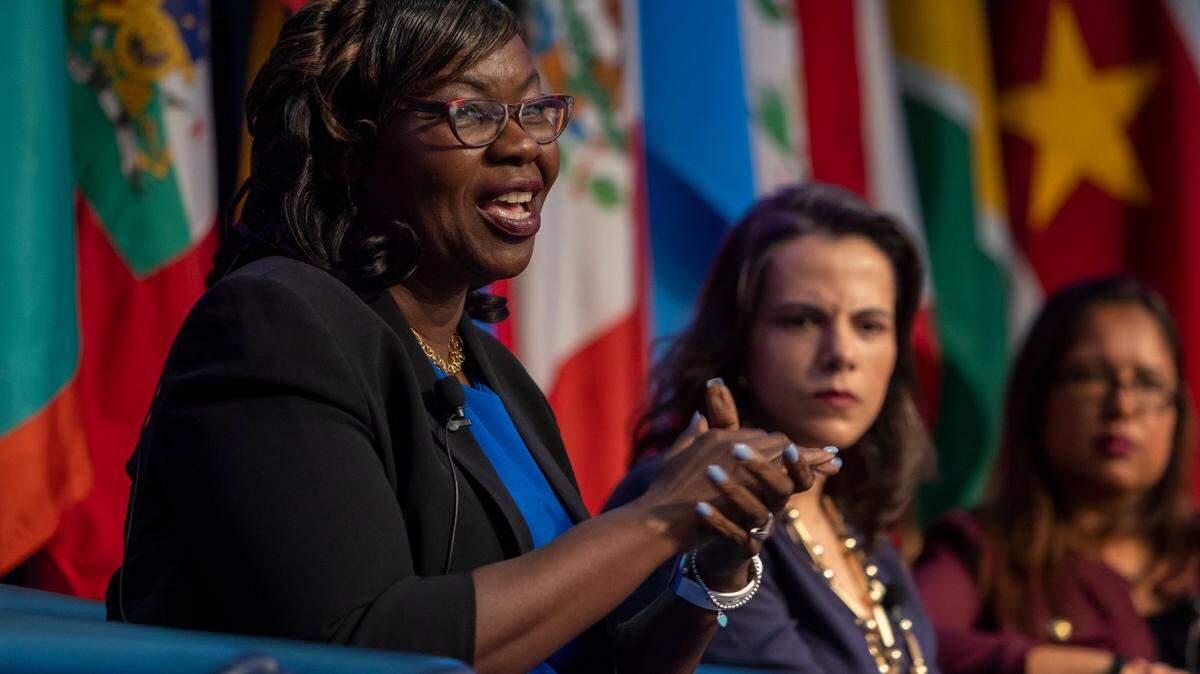 Jacqueline Charles, Caribbean correspondent at the Miami Herald, speaks during a panel titled ‘Protecting our People: Achievements in Citizen Security’ during the 8th Annual Hemispheric Security Conference at Florida International University on May 2, 2023. Charles led a team to a National Headliner Award for the 2022 Miami Herald feature “Made in Miami: The assassination of Haiti’s Jovenel Moise.”