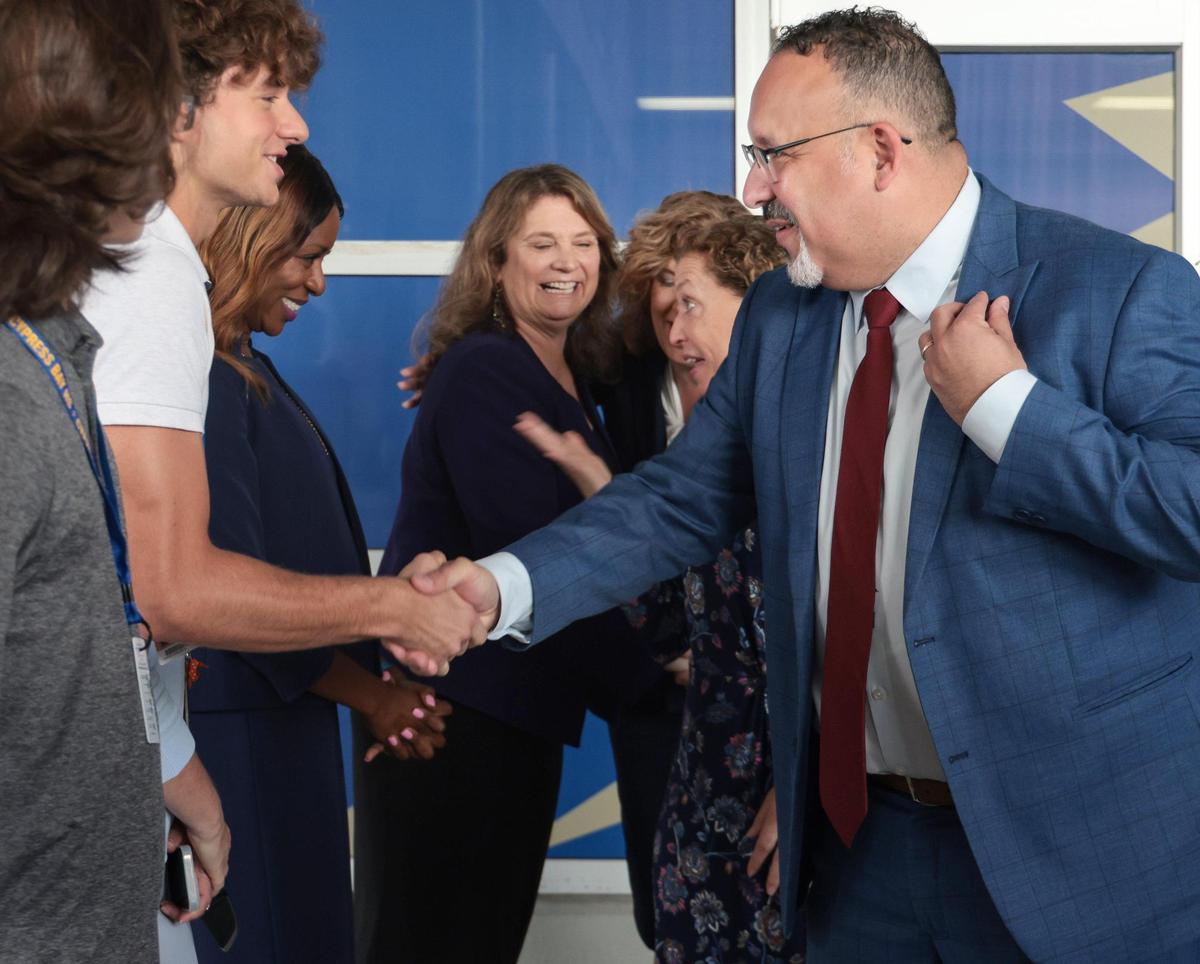U.S. Secretary of Education Miguel Cardona meets students and staff members on Monday, April 4, 2022, at Cypress Bay High School in Weston, Florida, where he learned more about the school’s career development programs, including the FBI Cyber Stem Academy. After the tour, he talked with Broward College students about the educational opportunities, workforce training, and support services offered through Broward UP, a job retraining program at Broward College.