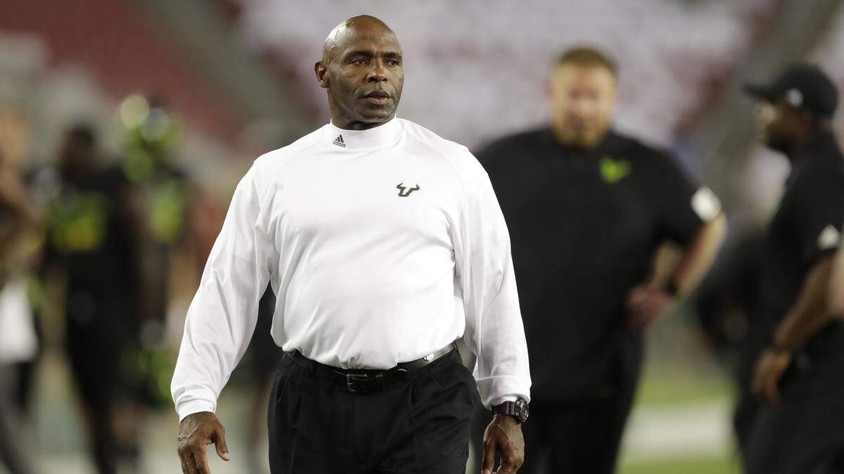 In this Nov. 7, 2019 file photo South Florida head coach Charlie Strong looks onto the field during the first half of an NCAA college football game against Temple in Tampa, Fla. South Florida has fired Strong as coach after three seasons. Athletic director Michael Kelly announced the move Sunday, Dec. 1, 2019 two days after the Bulls concluded a 4-8 season with a 34-7 loss at UCF.