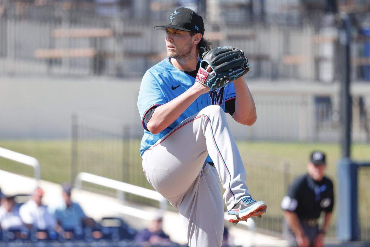 Feb 27, 2023; West Palm Beach, Florida, USA; Miami Marlins pitcher Steven Okert (48) throws a pitch during the sixth inning against the Houston Astros at The Ballpark of the Palm Beaches.