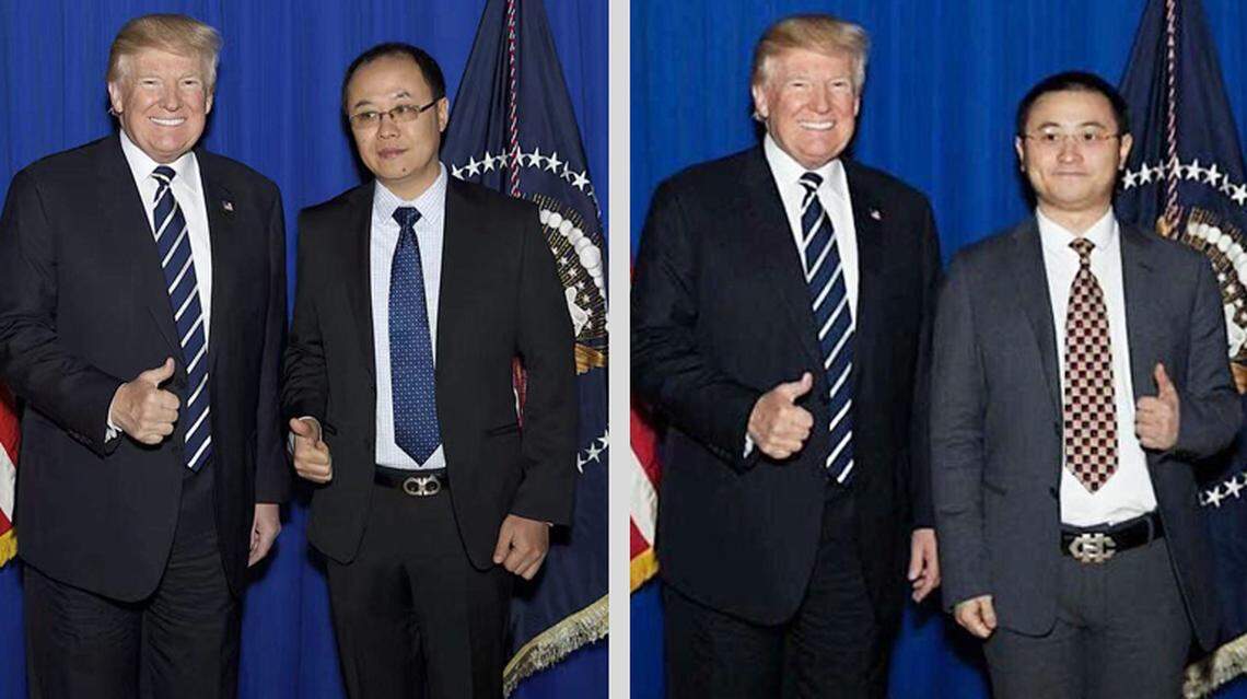 President Donald Trump poses with two Chinese executives at a Dec. 2, 2017, fundraiser. He is pictured with tech startup CEO Lucas Lu, left, and cryptocurrency giant Ryan Xu.