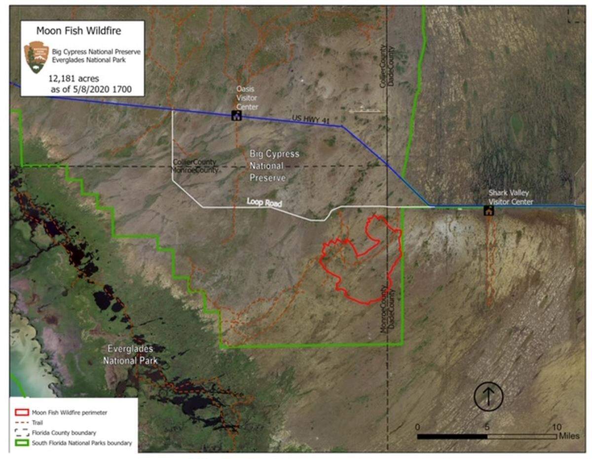 A map showing where the Moon FIsh Wildfire is located in Florida’s Everglades, according to Big Cypress Reserve.
