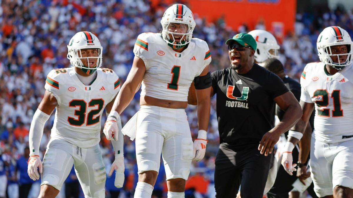 Miami Hurricanes linebacker Francisco Mauigoa (1) reacts during the game against the Florida Gators in the second quarter of an NCAA college football game at Ben Hill Griffin Stadium in Gainesville, Florida, on Saturday, August 31, 2024.