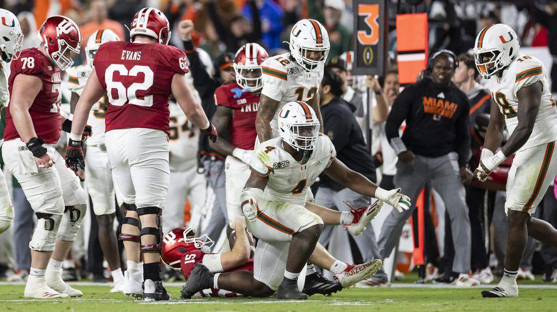 Miami Hurricanes defensive lineman Rueben Bain Jr. (4) reacts after sacking Indiana Hoosiers quarterback Fernando Mendoza (15) in the second half of their College Football Playoff National Championship Game at Hard Rock Stadium on Monday, Jan. 19, 2026, in Miami Gardens, Fla.