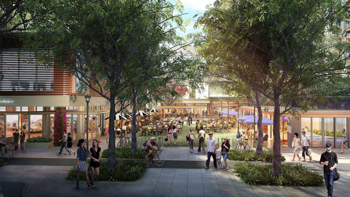 An architectural rendering of the redeveloped Shops at Sunset Place shows expanded sidewalks, shade trees and a planned new green plaza opening to Red Road with a band shell and amphitheater at the rear.