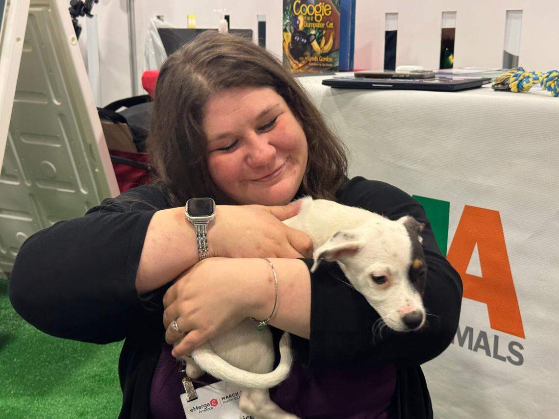 Baltimore resident Megan Paice, who works for nonprofit MoveAmerica, snuggles with a rescue puppy that is up for adoption during the eMerge Americas conference on Friday, March 28, 2025.