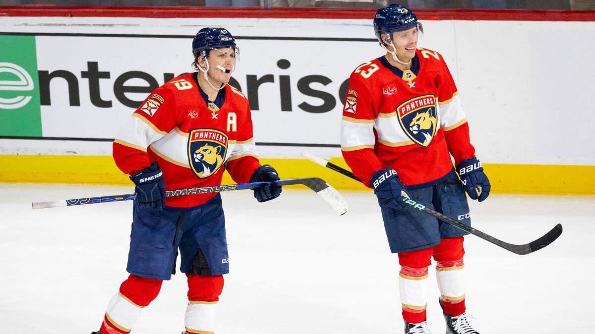Florida Panthers left wing Matthew Tkachuk (19) scores an open net goal during the third period of Game 1 of the Stanley Cup Playoffs Round 1 on Sunday, April 21, 2024, at Amerant Bank Arena in Sunrise, Fla. The Florida Panthers won 3-2.