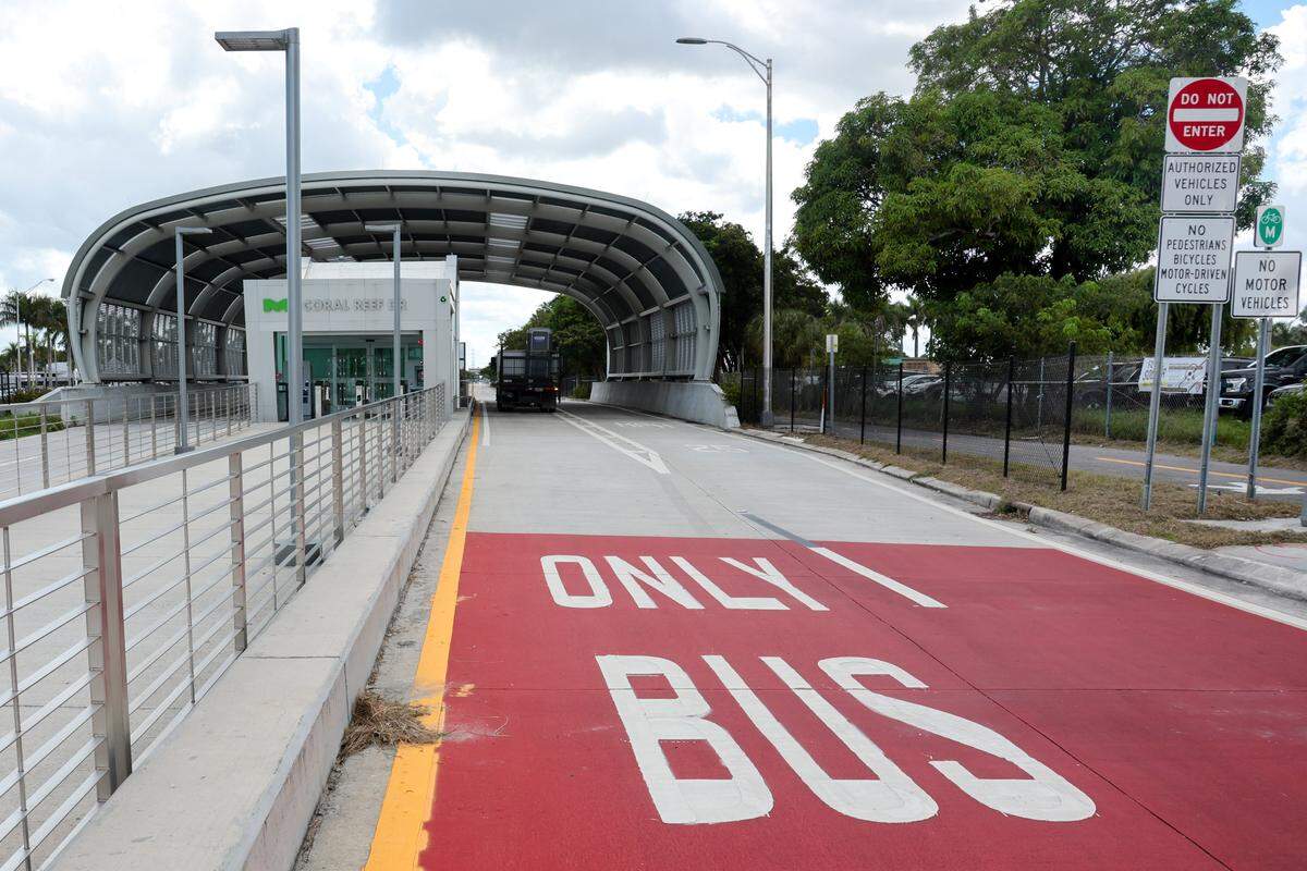 A view of the dedicated bus lanes by the Metro Express BRT station entrance at SW 152nd Street on the South Dade TransitWay in Miami, Florida, Wednesday, October 1, 2025. 