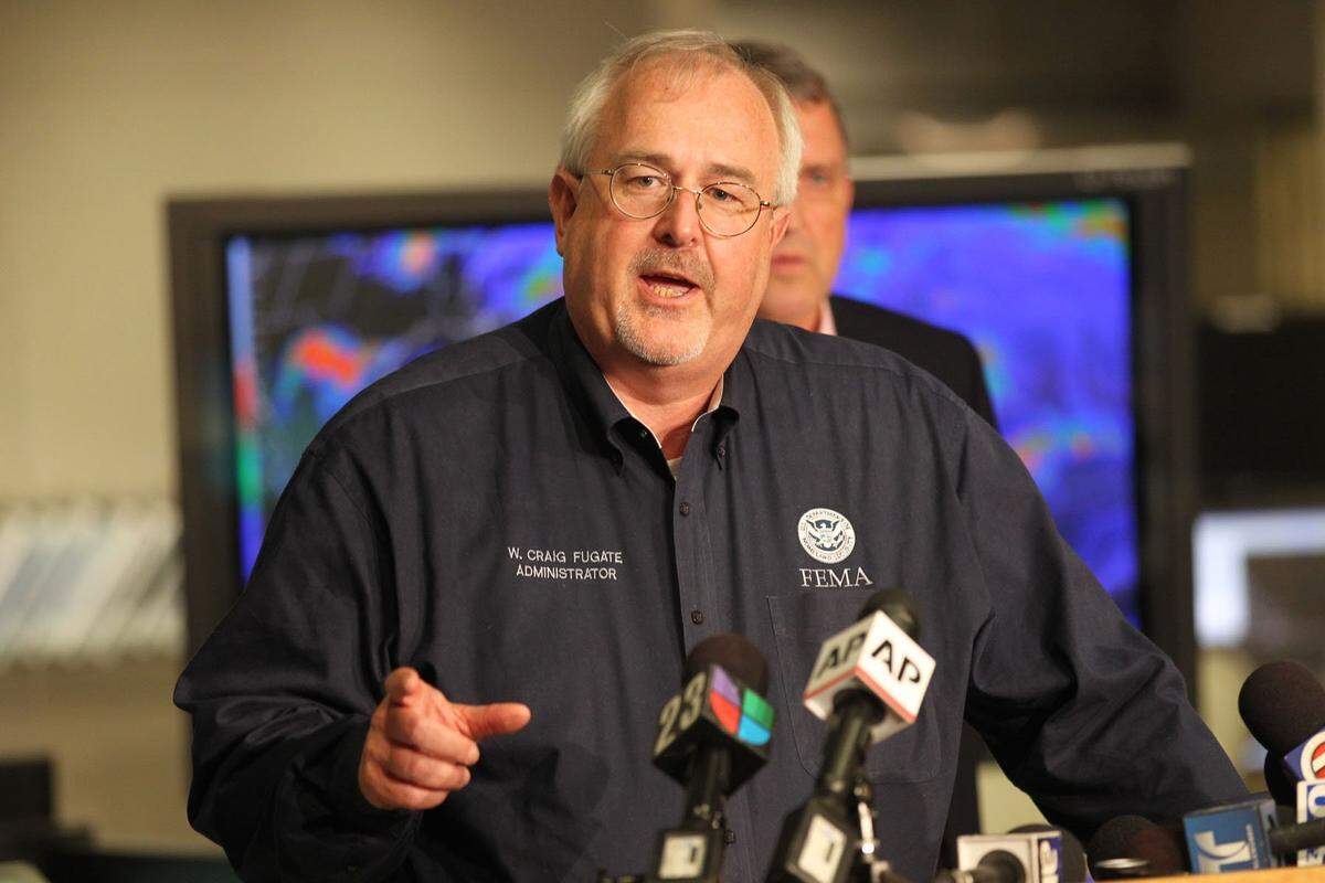Craig Fugate, then the head of the Federal Emergency Management Agency, talked at the National Hurricane Center on the first day of hurricane season in 2012.