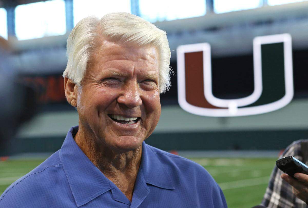 Former Miami Hurricanes coach Jimmy Johnson talks to the media after practice at the University of Miami Greentree Practice Field in Coral Gables on Wednesday, August 21, 2019.