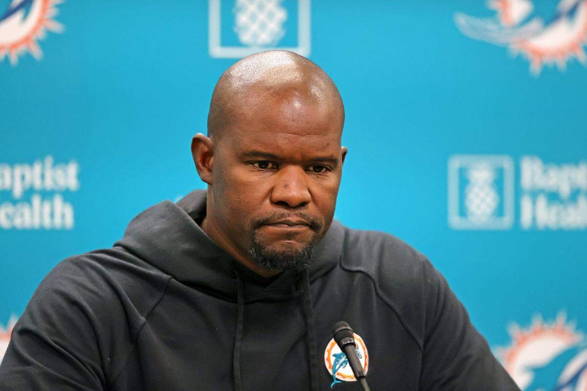 Then-Miami Dolphins head coach Brian Flores talks to the media before practice at Baptist Health Training Complex in Hard Rock Stadium on Wednesday, October 6, 2021 in Miami Gardens, Florida, in preparation for their game against the Tampa Bay Buccaneers at Raymond James Stadium, on Sunday, October 10.