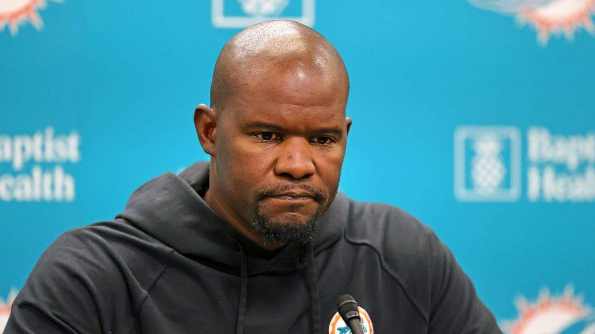 Miami Dolphins head coach Brian Flores talks to the media before practice at Baptist Health Training Complex in Hard Rock Stadium on Oct. 6, 2021, in Miami Gardens, Florida, ahead of their Oct. 10 game against the Tampa Bay Buccaneers.