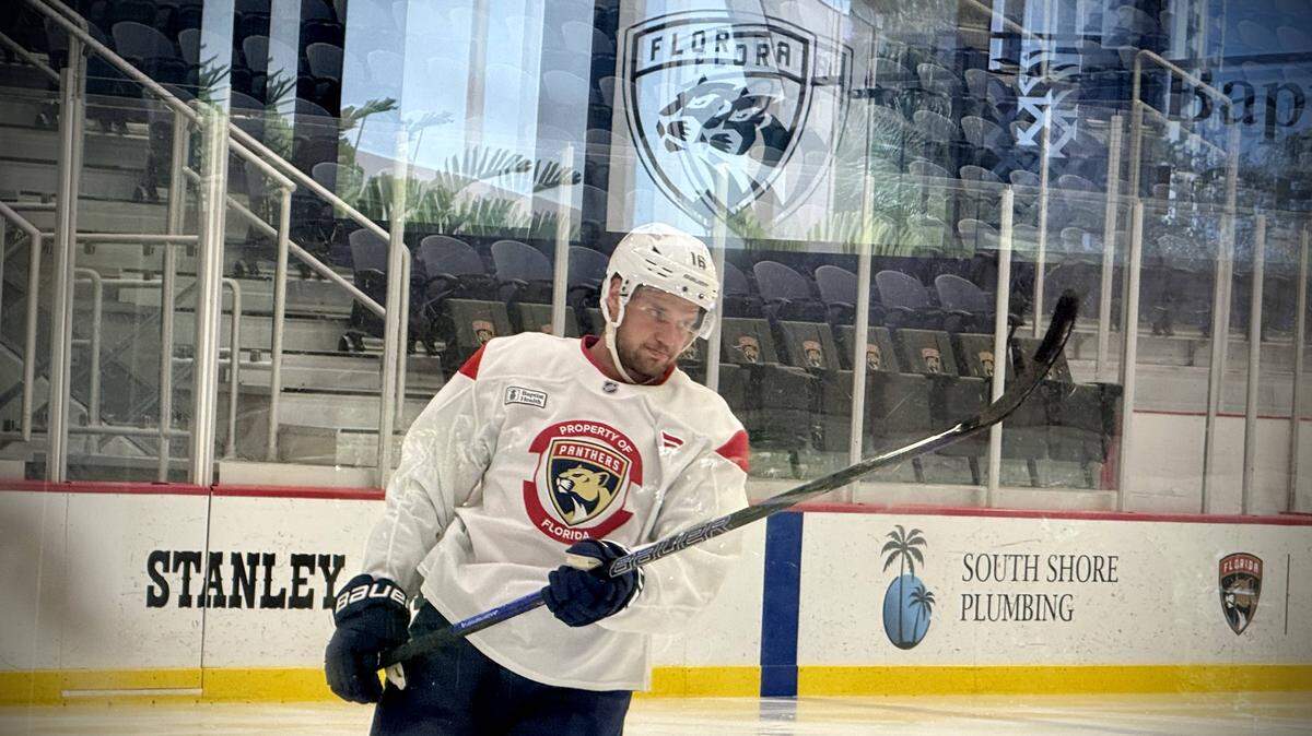 Florida Panthers center Aleksander Barkov (16) skates on Tuesday, Jan. 27, 2026, at the Baptist Health IcePlex in Fort Lauderdale, Florida.