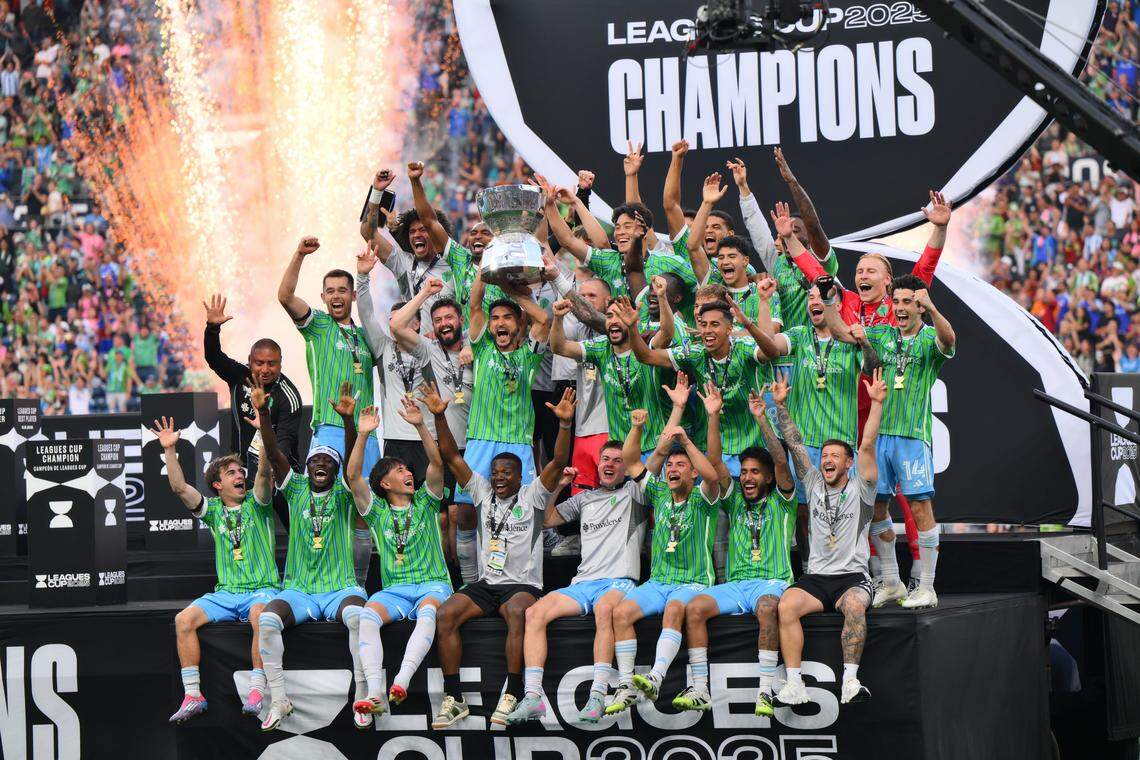 Aug 31, 2025; Seattle, Washington, USA; The Seattle Sounders FC celebrate winning the Leagues Cup 2025 against Inter Miami CF at Lumen Field. Mandatory Credit: Steven Bisig-Imagn Images