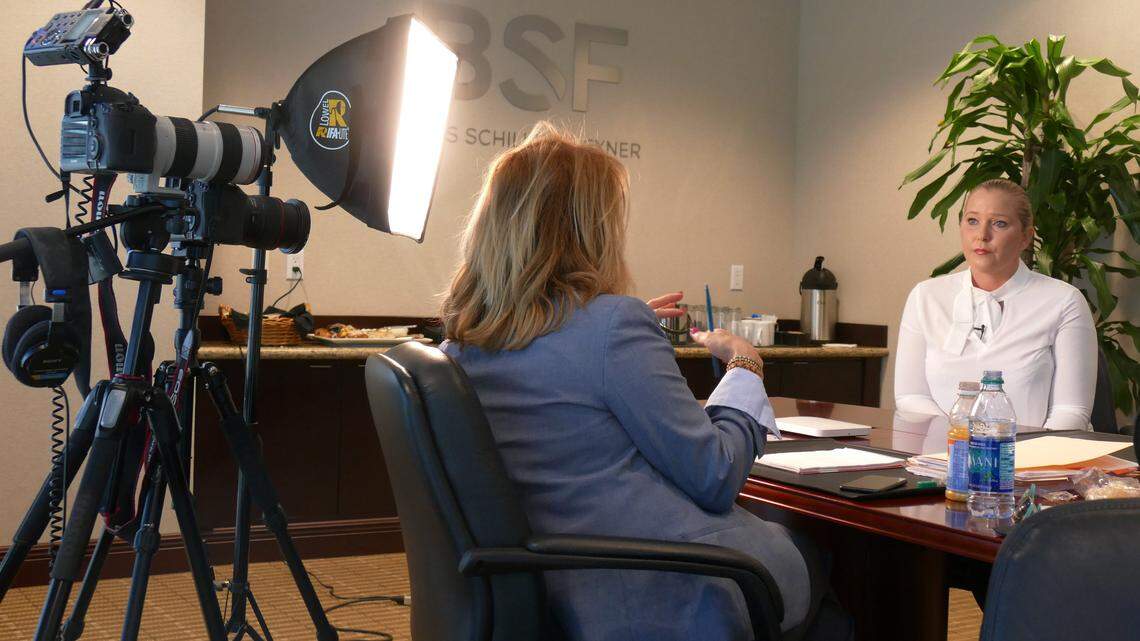 Miami Herald reporter, Julie Brown, interviews Virginia Roberts, a victim of Palm Beach sex offender Jeffery Epstein, in her attorney’s Ft. Lauderdale office on March 22, 2018.