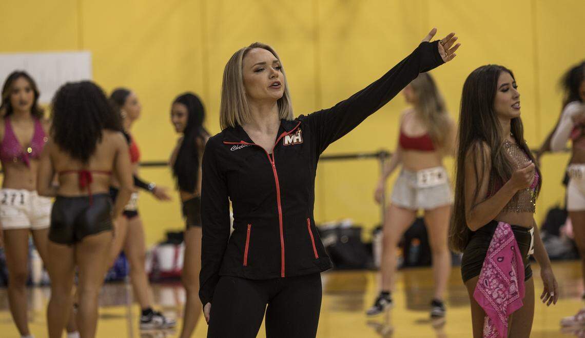 Chelsea Varsaci works with Miami Heat dancers during a pre-audition workshop at the Kaseya Center in Miami on Thursday July 24, 2025.