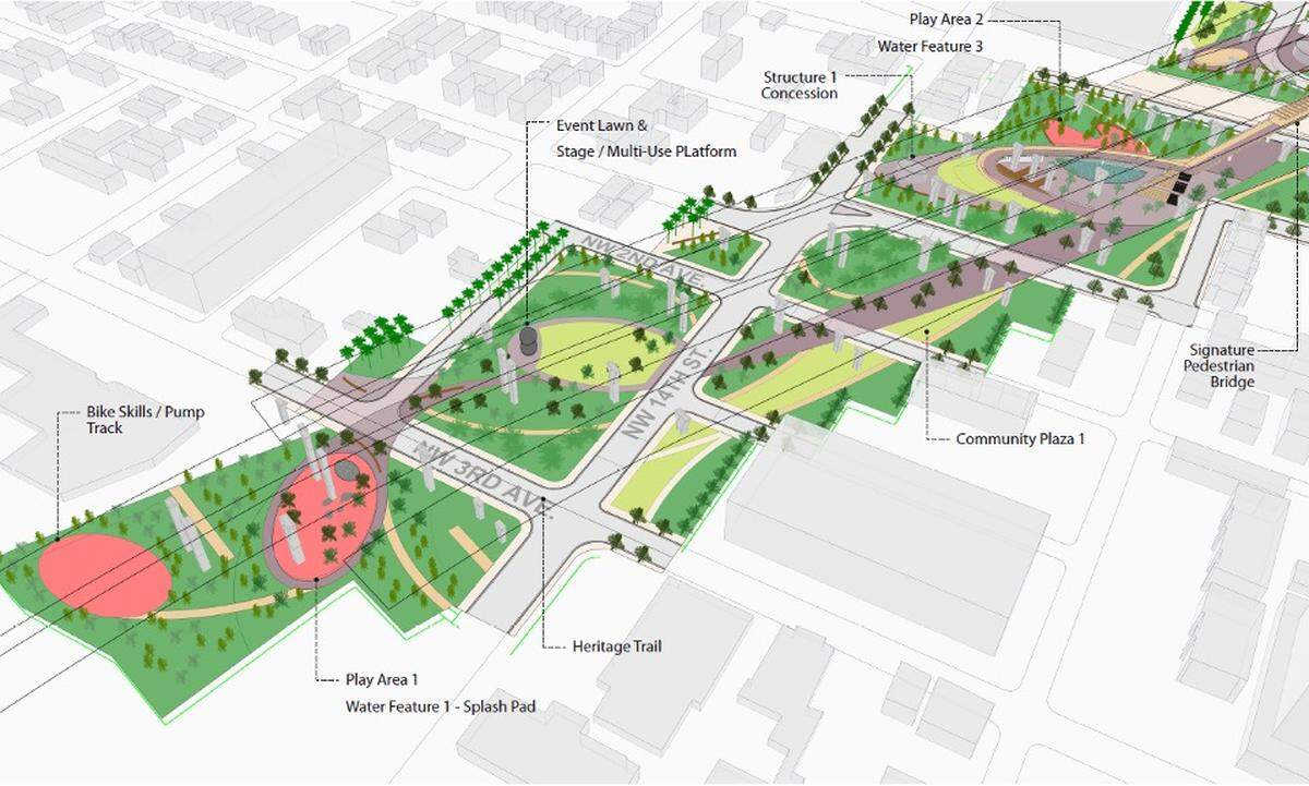 An updated map of the pedestrian trail that spans from Northwest Third Avenue to Biscayne Boulevard shows the future locations of community activity spaces.