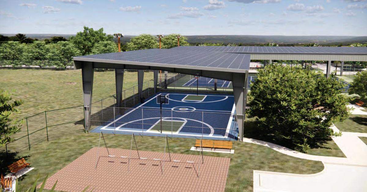 A rendering of the planned solar panels, which Broward County and contractor Advanced Green Technologies will install above the basketball courts at Reverend Samuel Delevoe Memorial Park.