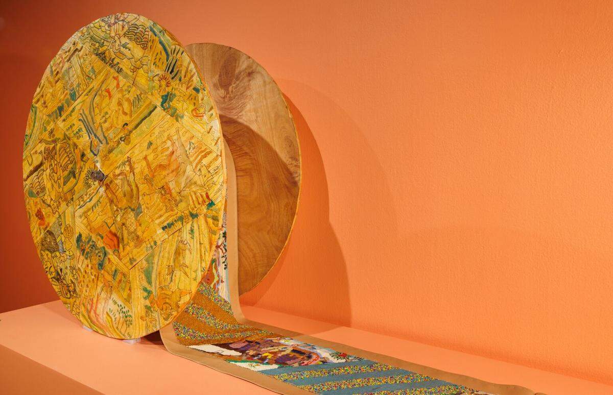 “Untitled (Modeled After the Bayeaux Tapestry),” glass beads and thread on canvas with wood spool, approximately 86 panels at 240 square inches each (dimensions approximate), 144 feet long.