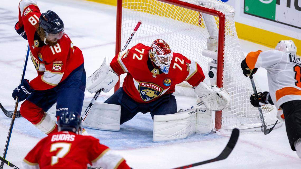 Florida Panthers goalie Sergei Bobrovsky (72) saves the shot by Philadelphia Flyers right wing Travis Konecny (11) during the third period of an NHL game at FLA Live Arena in Sunrise, Florida, on Wednesday, October 19, 2022.