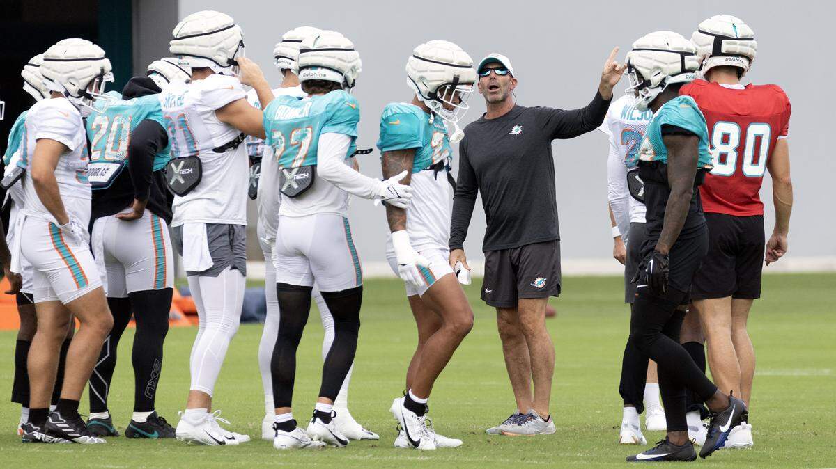 during practice at the Miami Dolphins training facility in Miami Gardens, FL, on Wednesday, August 28, 2024.