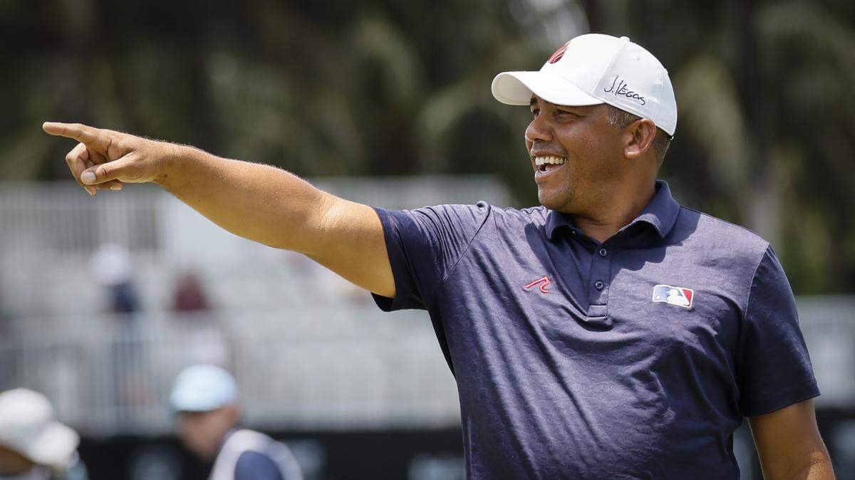 Jhonattan Vegas reacts after completing hole 18 during the PGA Golf Cadillac Championship in Doral, Florida, on Thursday, April 30, 2026.